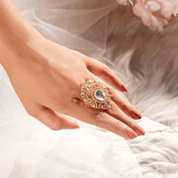 Saraf RS Jewellery Gold-Plated Kundan Studded Tilak Shaped Adjustable Finger Ring image 4
