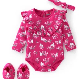 Babyhug 100% Cotton Full Sleeves Onesie with Hairband & Booties Bunny Print - Pink-picture-20