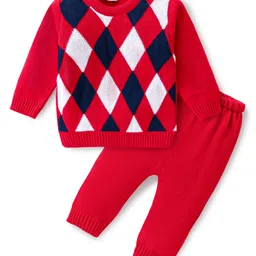 Babyhug Knitted Full Sleeves Checkered Design Sweater Set - Red-picture-20