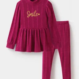 Kookie Kids Full Sleeves Top & Leggings Set With Text Print - Fuchsia-picture-11