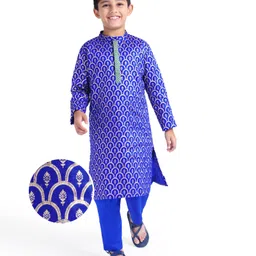 Earthy Touch Cotton Woven Satin Full Sleeves Foil Printed Kurta Pyjama Set - Royal Blue-picture-13