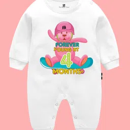 The Peppy Tend Monthly Birthday Theme 100% Cotton Full Sleeves Forever Young At Four Months Text Printed Romper - White-picture-19