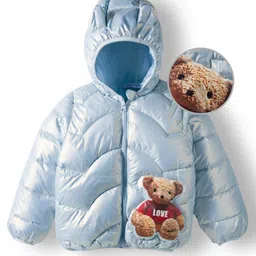 Mark & Mia Woven Full Sleeves Hooded Padded Jacket With Teddy Bear Print - Light Blue-picture-39