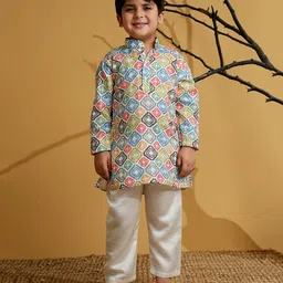 AJ Dezines Silk Blend Woven Full Sleeves Geometric Embroidered Kurta & Pyjama Set - Multi Colour-picture-20