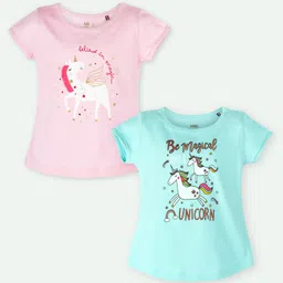 Ariel Cotton Knit Pack Of 2 Half Sleeves Unicorn & Typography Printed Tops - Pink & Sky Blue-image-96