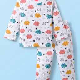 Babyhug Knit Full Sleeves Co-ord Winter Nightsuit With Cloud Print - White-picture-21