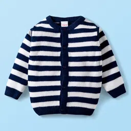 Babyhug Knitted Full Sleeves Striped Front Open Sweater - Navy Blue & White-picture-10
