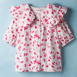 kookie kids india Kookie Kids Woven Half Puff Sleeves Front Open Collared Top with Floral Print - White & Red-picture-32