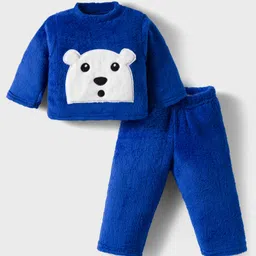 Babyhug Velour Knit Full Sleeves Winter Wear Night Suit With Bear Embriodery - Blue-picture-21