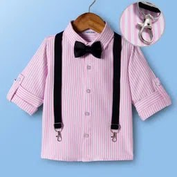 Mark & Mia Woven Full Sleeves Pleated Striped Party Shirt With Bow & Suspender - Pink-picture-22