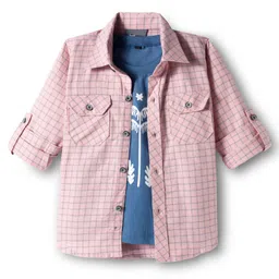 Dapper Dudes Full Sleeves Checked Shirt With Palm Tree Printed Tee - Peach-picture-22