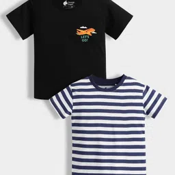 Orange Sugar 100% Cotton Knit Pack Of 2 Half Sleeves Plane Printed & Striped Tees - Black & Blue-picture-20