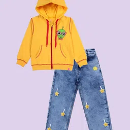 Kiddopanti Fleece Knit Full Sleeves Alien Printed Light Winter Hooded Sweatshirt & Jeans Set - Yellow & Light Blue-image-29