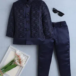Fourfolds Woven Full Sleeves Cubes Embroidered Jodhpuri & Trousers Set - Navy Blue-image-28