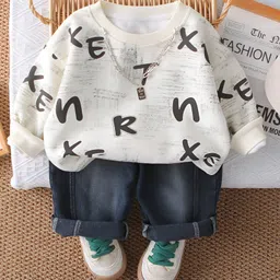 Googo Gaaga Cotton Knit Full Sleeves Typography Printed Light Winter Sweatshirt With Attached Chain & Jeans Set - Cream-image-25