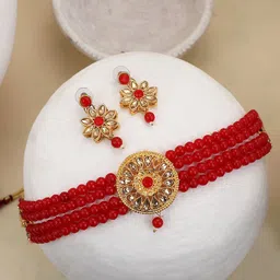 EVY Gold Plated Kundan Studded & Beaded Choker Jewellery Set-picture-31