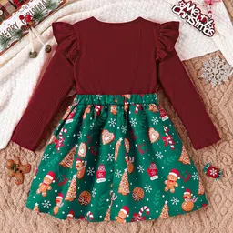 Fashion Dream Cotton Blend Full Sleeves Bow Applique & Frill Detailed Snowman Printed Dress - Maroon image 3