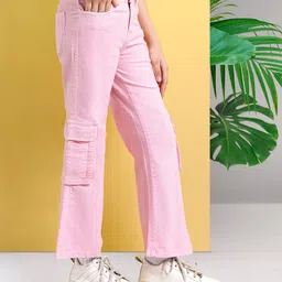 arias by lara dutta Arias Cotton Stretch Twill Washed Flared Full Length Pants with Cargo Pocket Detailing -Pink image 3