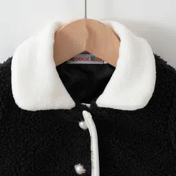 Kookie Kids Full Sleeves Front Open Collar Neck Fur Winter Jacket With Floral Applique - Black image 3
