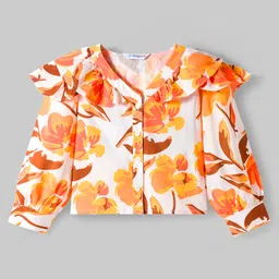 OLLINGTON ST. Woven Full Sleeves Floral Printed Ruffled Top & Cotton Twill Skirt with Belt - Multicolor & Brown image 3