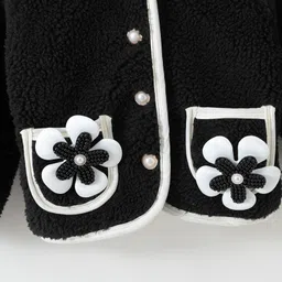 Kookie Kids Full Sleeves Front Open Collar Neck Fur Winter Jacket With Floral Applique - Black image 4