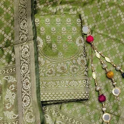 Chhabra 555 Scalloped Floral Motifs & Jaal Pattern Banarasi Silk Unstitched Dress Material-image-61