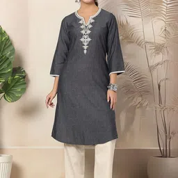 Nayam By Lakshita Floral Embroidered Thread Work Denim Kurta-image-57