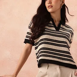 all about you Horizontally Self-Striped Shirt Collar Drop-Shoulder Top-picture-13