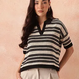 all about you Horizontally Self-Striped Shirt Collar Drop-Shoulder Top image 2