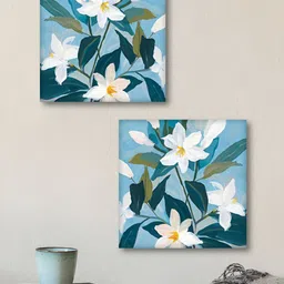 Aura White & Blue 2 Pieces Floral Printed Canvas Wall Arts-picture-29