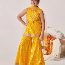 Pspeaches Cotton Rayon Sleeveless Floral Foil Printed  Kurta With Sharara & Dupatta - Yellow-picture-33