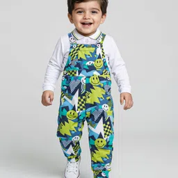 Babyhug Single Jersey Knit Dungaree and Full Sleeves Solid Color T-Shirt Set - Green Blue & White-picture-11