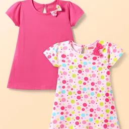 Babyhug Single Jersey Knit Half Sleeves Solid & Polka Dot Printed Dresses With Bow Applique Pack of 2 - Dark & Light Pink-picture-37
