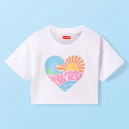 Babyhug Cotton Knit Half Sleeves Drop Shoulder T-Shirt With Here Comes The Sun Text Print - White-picture-12
