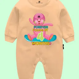 The Peppy Tend Monthly Birthday Theme 100% Cotton Full Sleeves Forever Young At Four Months Text Printed Romper - Peach-picture-17