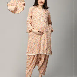 The Mom Store Cotton Rayon Three Fourth Bell Sleeves Zipper Nursing Access Detailed Floral Printed Maternity Kurta & Salwar Set - Multi Colour-image-83