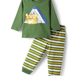 Babyhug Cotton Knit Full Sleeves Night Suit With Stripes & Animal Print - Olive Green & Yellow-picture-17