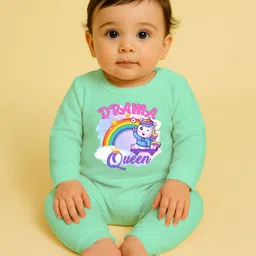 The Peppy Tend 100% Cotton Knit Full Sleeves Drama Queen Text & Baby Unicorn Printed Romper - Sea Green-picture-26