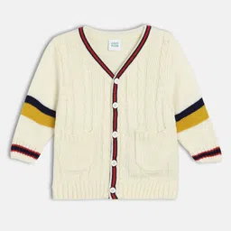 MINI KLUB Cotton Knit Full Sleeves Placement Striped & Cable Knit Designed Cardigan - White-picture-28