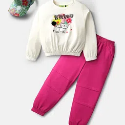 Tiara Cotton Spandex Knit Full Sleeves Kitten Printed Top & Joggers With Cap Set - Pink-picture-13