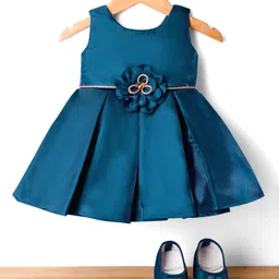 Bluebell Satin Woven Sleeveless Frock & Booties With Floral Applique - Navy Blue-picture-18