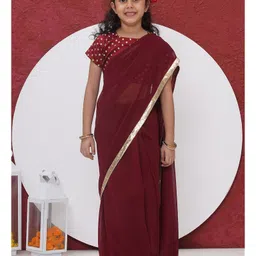 Little Bansi Georgette Woven Lace Detailed Wrap Around Saree With Half Sleeves Floral Embroidered Ready Made Blouse - Maroon-picture-16