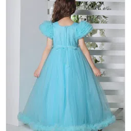 Ministitch Net Balloon Sleeves Pleated Pearl Embellished Gown - Blue image 3