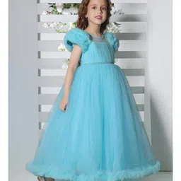 Ministitch Net Balloon Sleeves Pleated Pearl Embellished Gown - Blue image 4