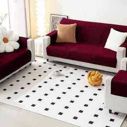 Fashion Throw Maroon Checked Velvet 3 Piece Sofa Cover With Arms-image-63