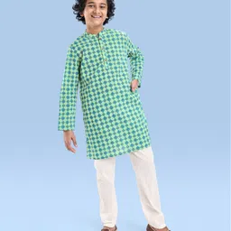 Pine Kids Cotton Woven Full Sleeves Kurta Pyjama Set With Floral Print - Teal Blue-picture-12