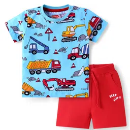 Babyhug Single Jersey Knit Half Sleeves T-Shirt & Shorts Set with Vehicle Print - Red & Blue-picture-23