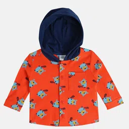 MINI KLUB Cotton Full Sleeves Animal Printed Hooded Shirt - Orange-image-47
