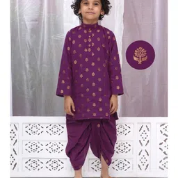 Little Bansi Cotton Full Sleeves Floral Foil Printed Dhoti Kurta Set - Purple-picture-18
