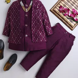 Ahhaaaa Brocade Full Sleeves Solid Kurta Pyjama With Sequin Embellished & Embroidered Jacket & Maala Set - Wine-picture-20